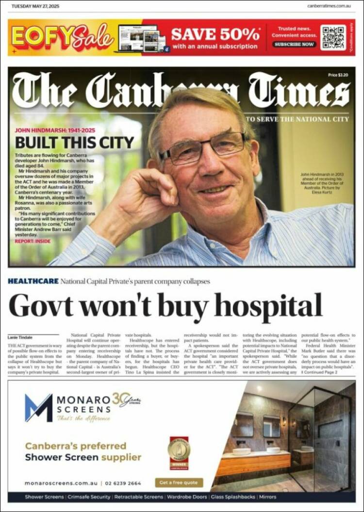 Portada de The Canberra Times (Australia)