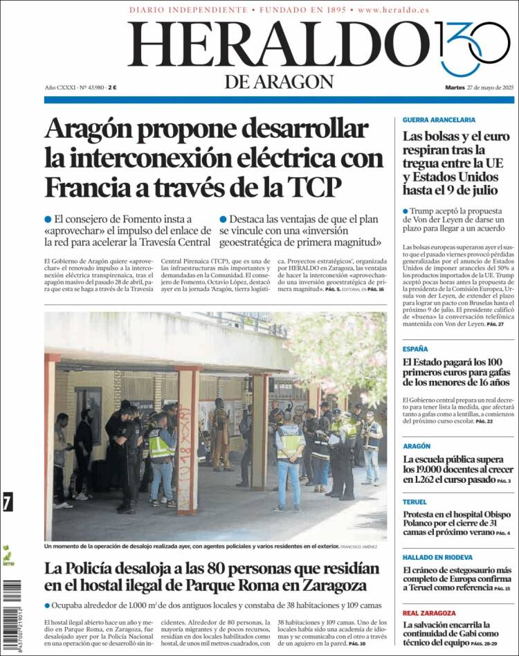 Portada de Heraldo de Aragón (España)