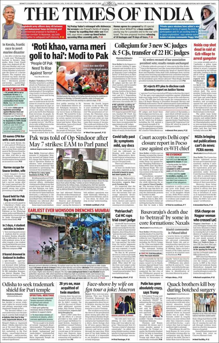 Portada de The Times of India (India)