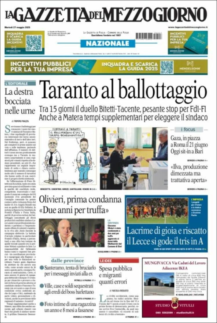 Portada de La Gazzetta del Mezzogiorno (Italy)