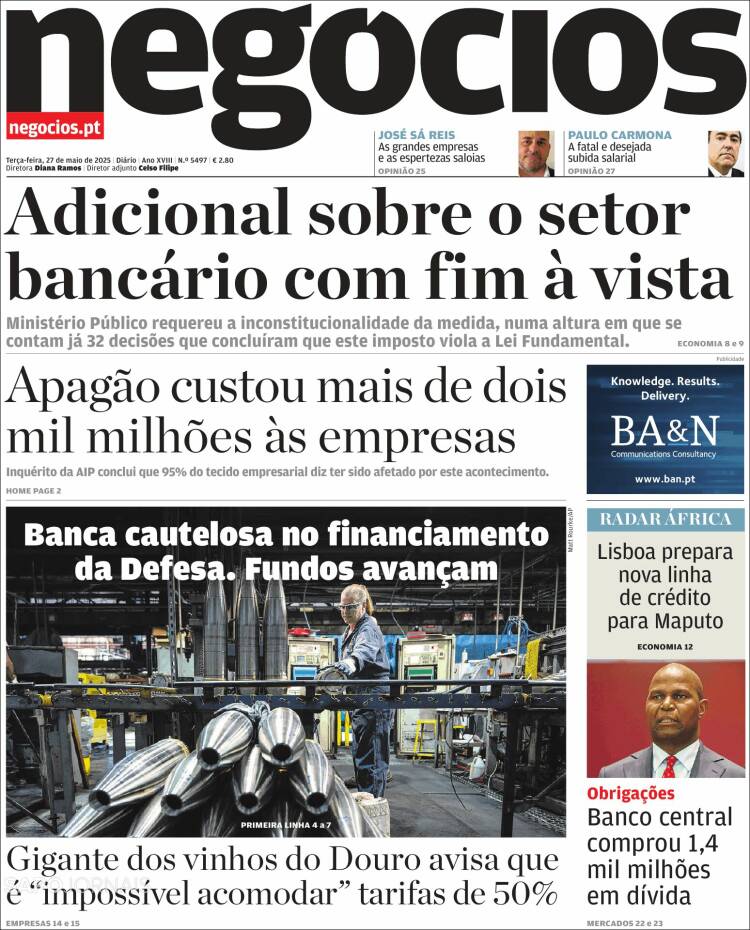 Portada de Jornal de Negócios (Portugal)