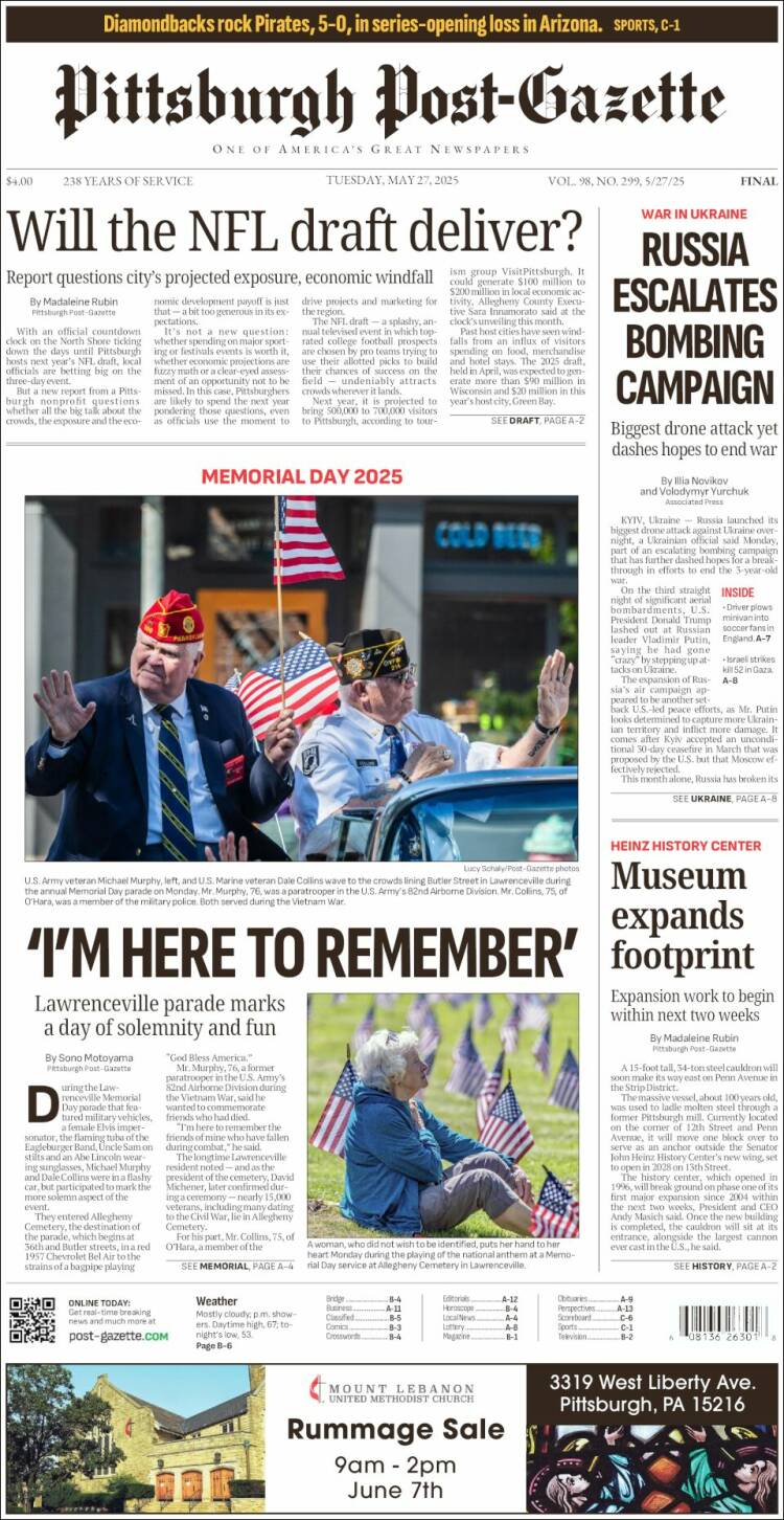 Portada de Pittsburgh Post-Gazette (USA)