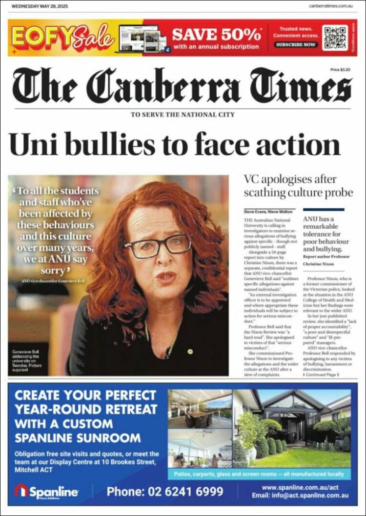 Portada de The Canberra Times (Australia)