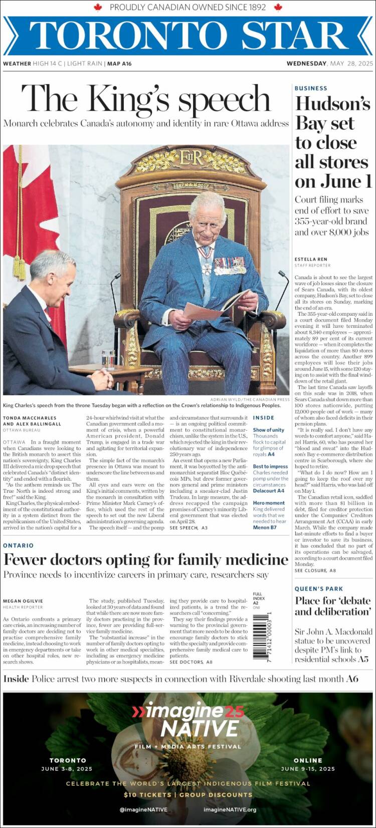 Portada de The Toronto Star (Canada)