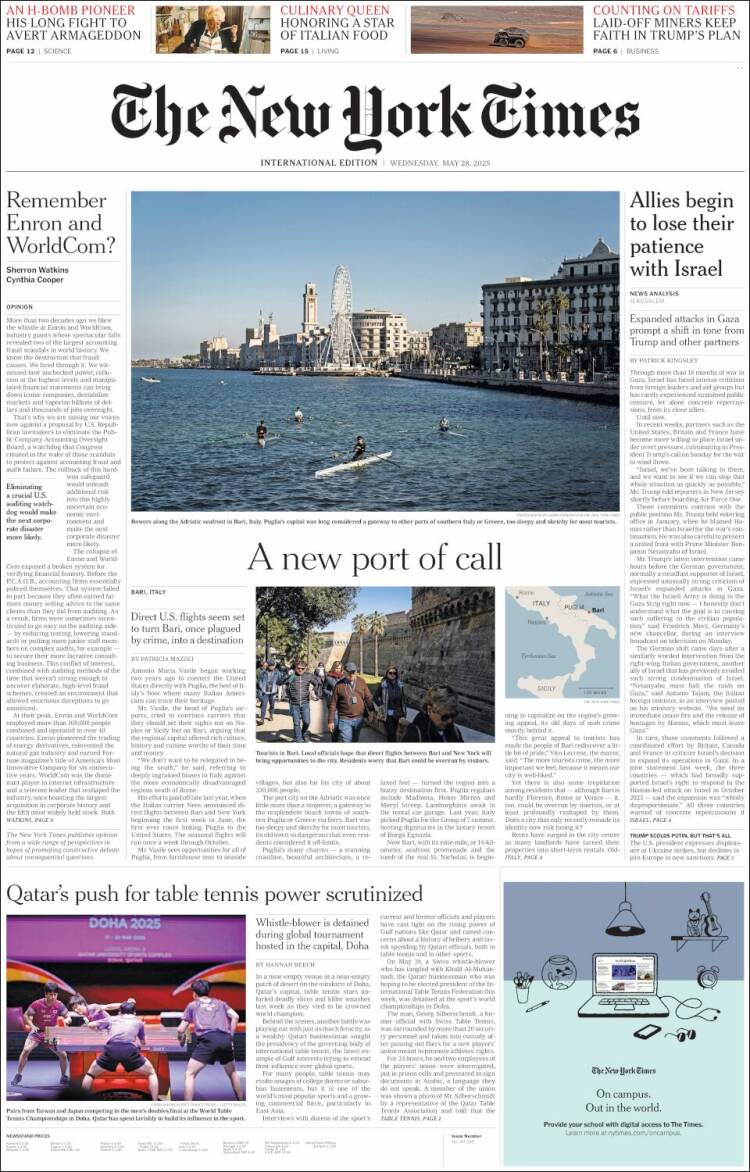 Portada de International New York Times (Europe)