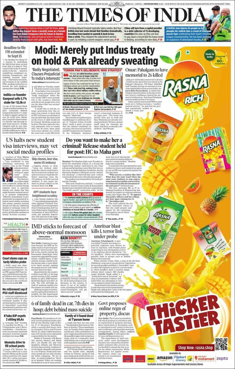 Portada de The Times of India (India)