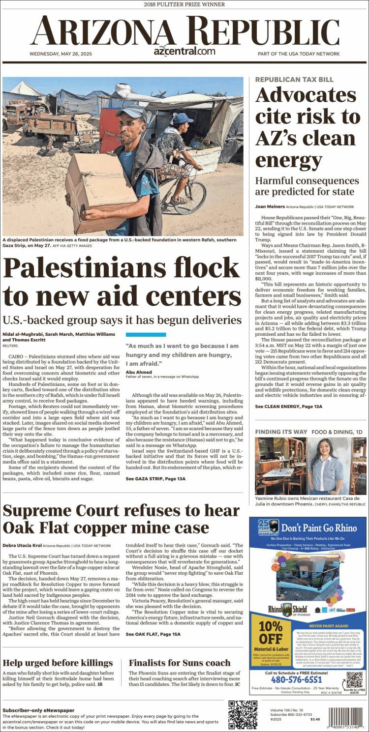 Portada de Arizona Republic News (USA)