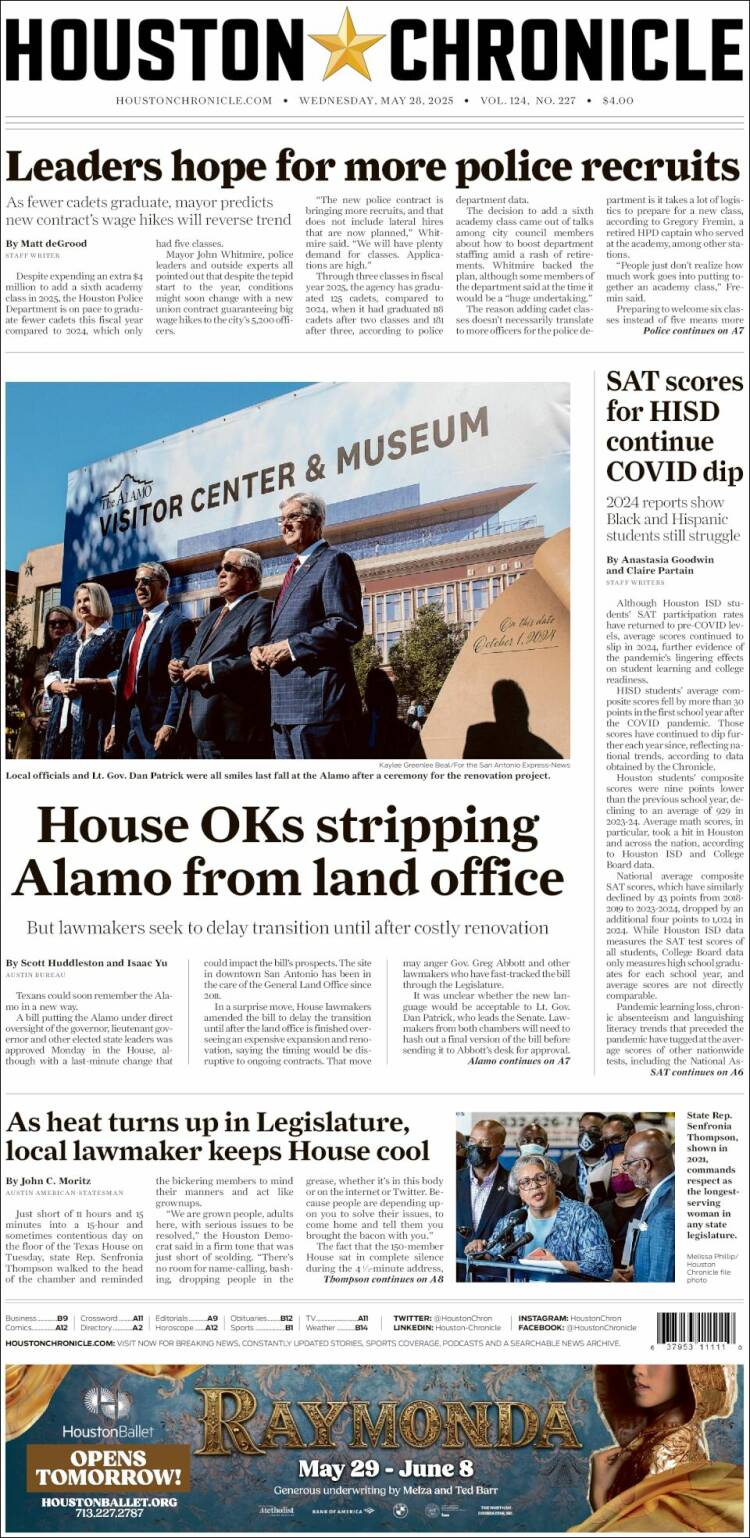 Portada de Houston Chronicle (USA)