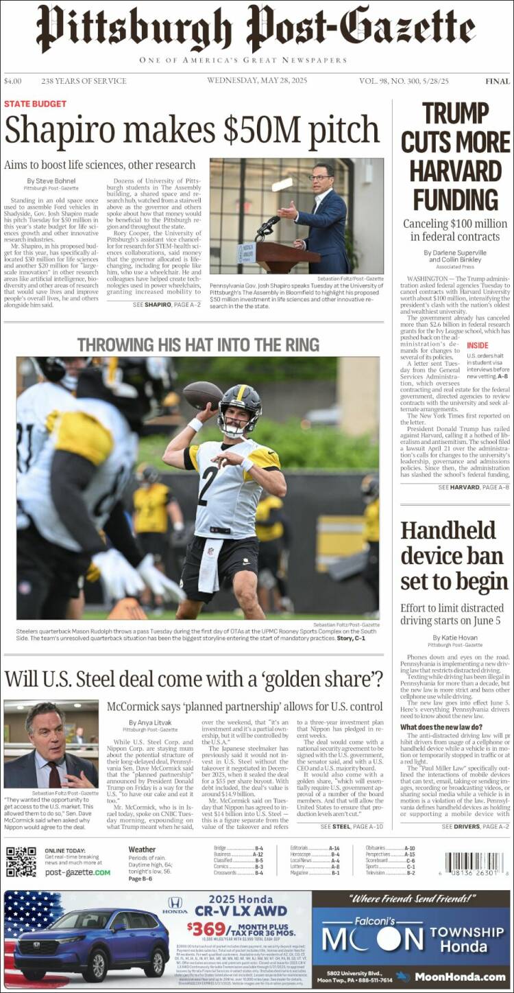 Portada de Pittsburgh Post-Gazette (USA)