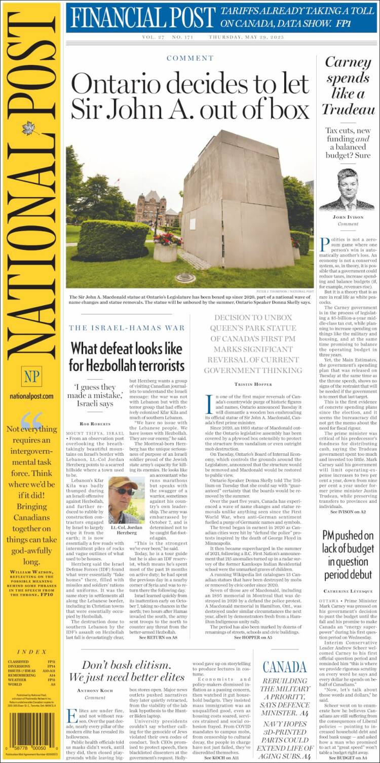 Portada de The National Post (Canada)