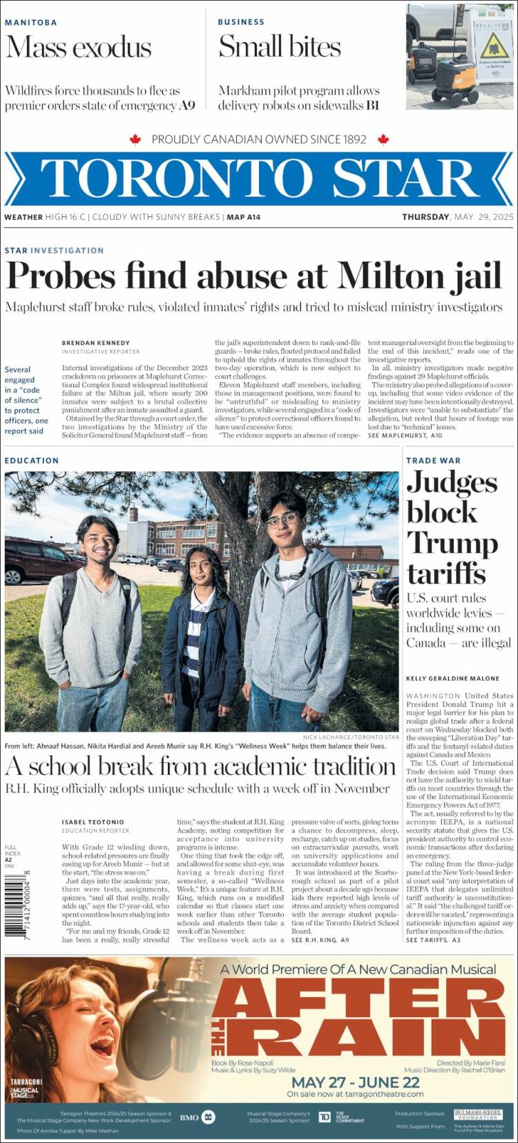 Portada de The Toronto Star (Canadá)