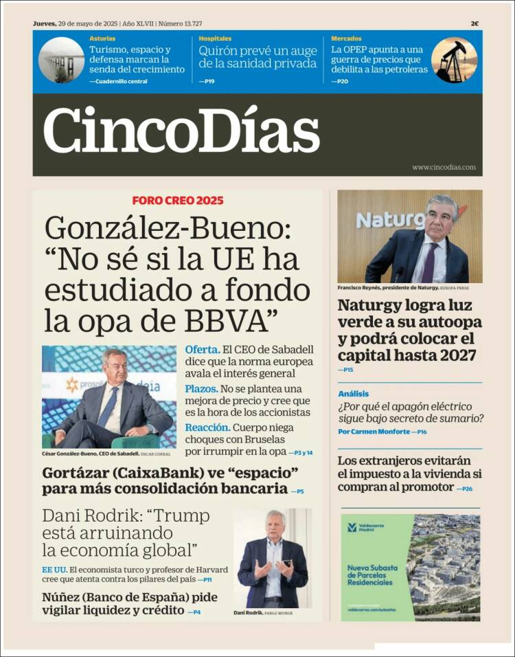 Portada de Cinco Días (Espagne)