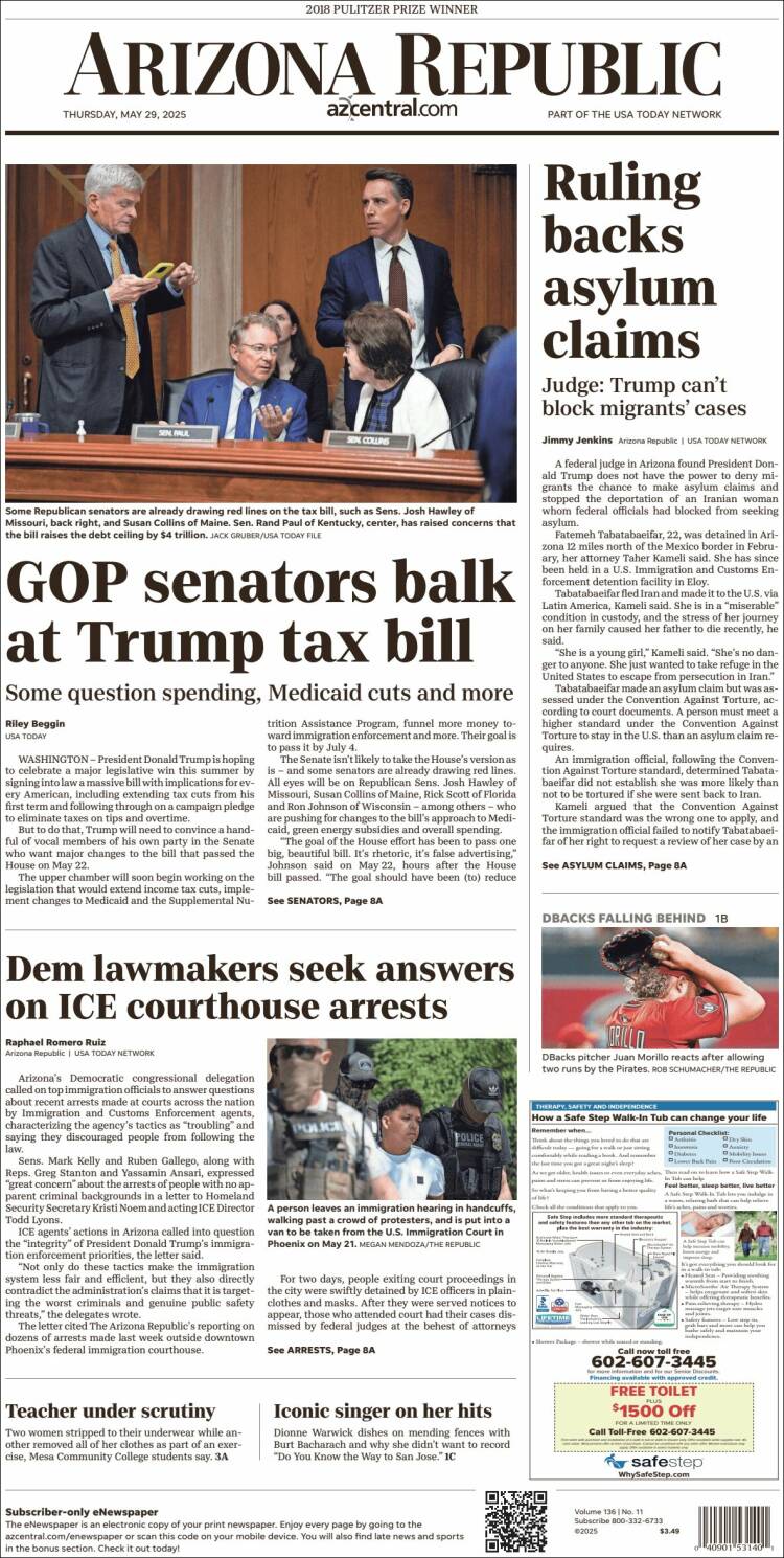 Portada de Arizona Republic News (USA)