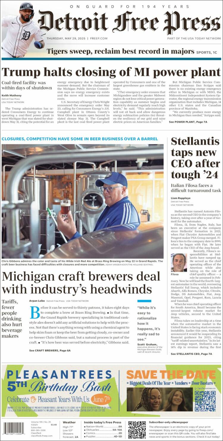 Portada de Detroit Free Press (USA)