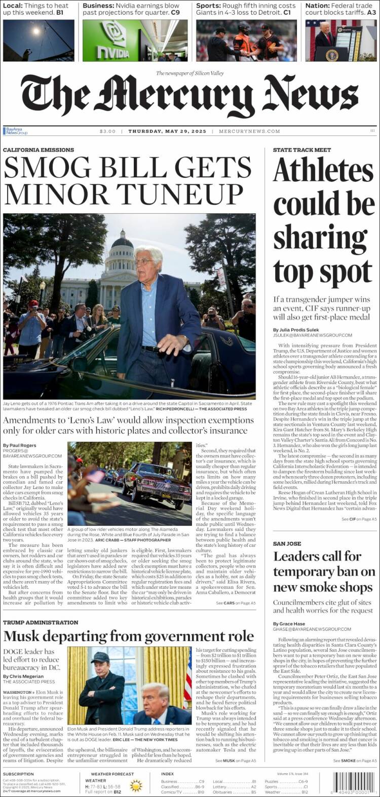 Portada de San Jose Mercury News (États-Unis)