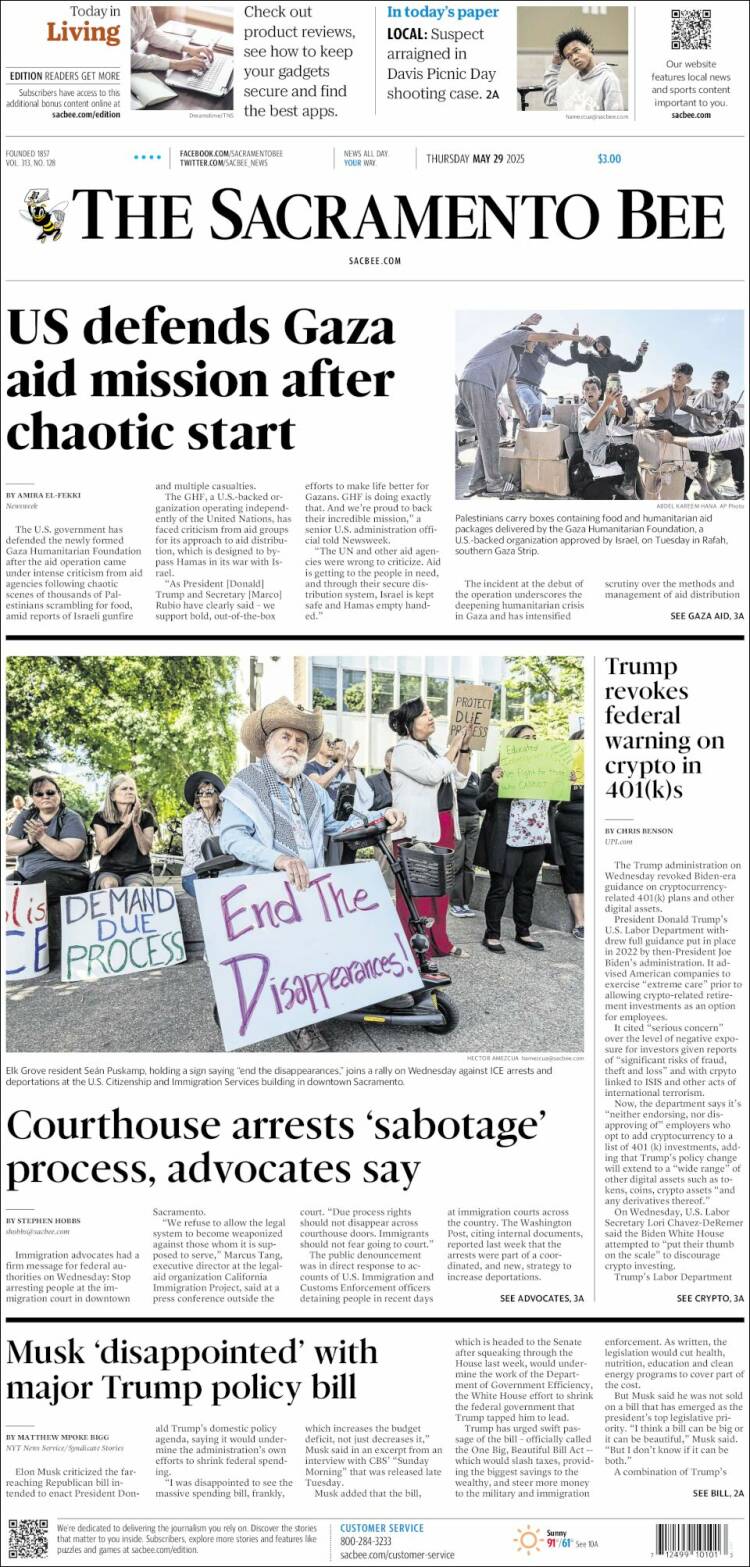 Portada de The Sacramento Bee (USA)
