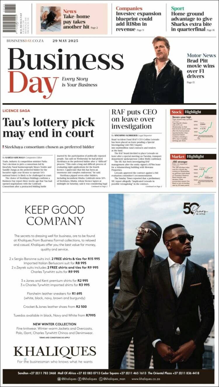 Portada de Business Day (South Africa)