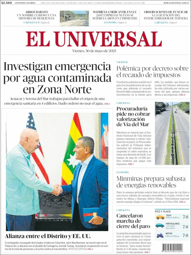 Portada de El Universal (Colombia)
