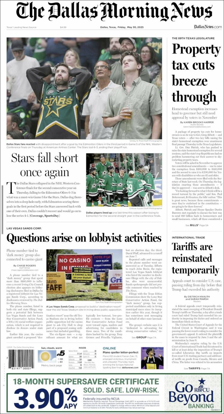 Portada de Dallas Morning News (USA)