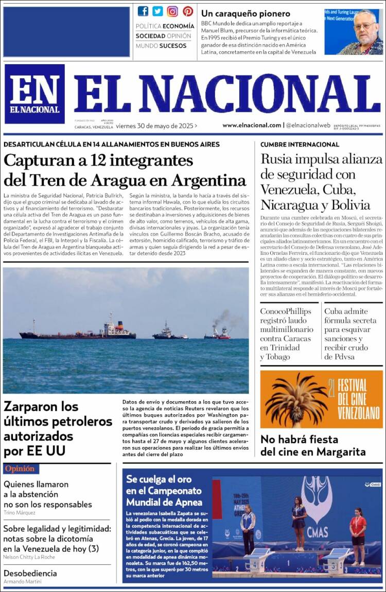 Portada de El Nacional (Venezuela)
