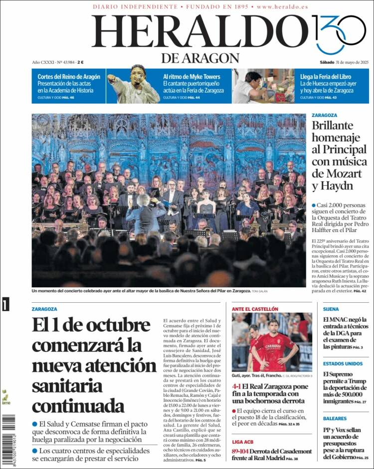 Portada de Heraldo de Aragón (España)