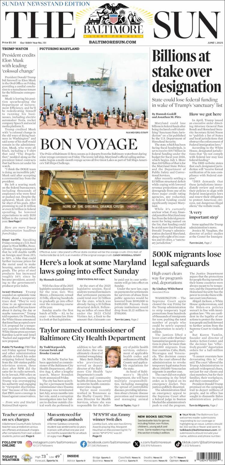 Portada de The Baltimore Sun (USA)