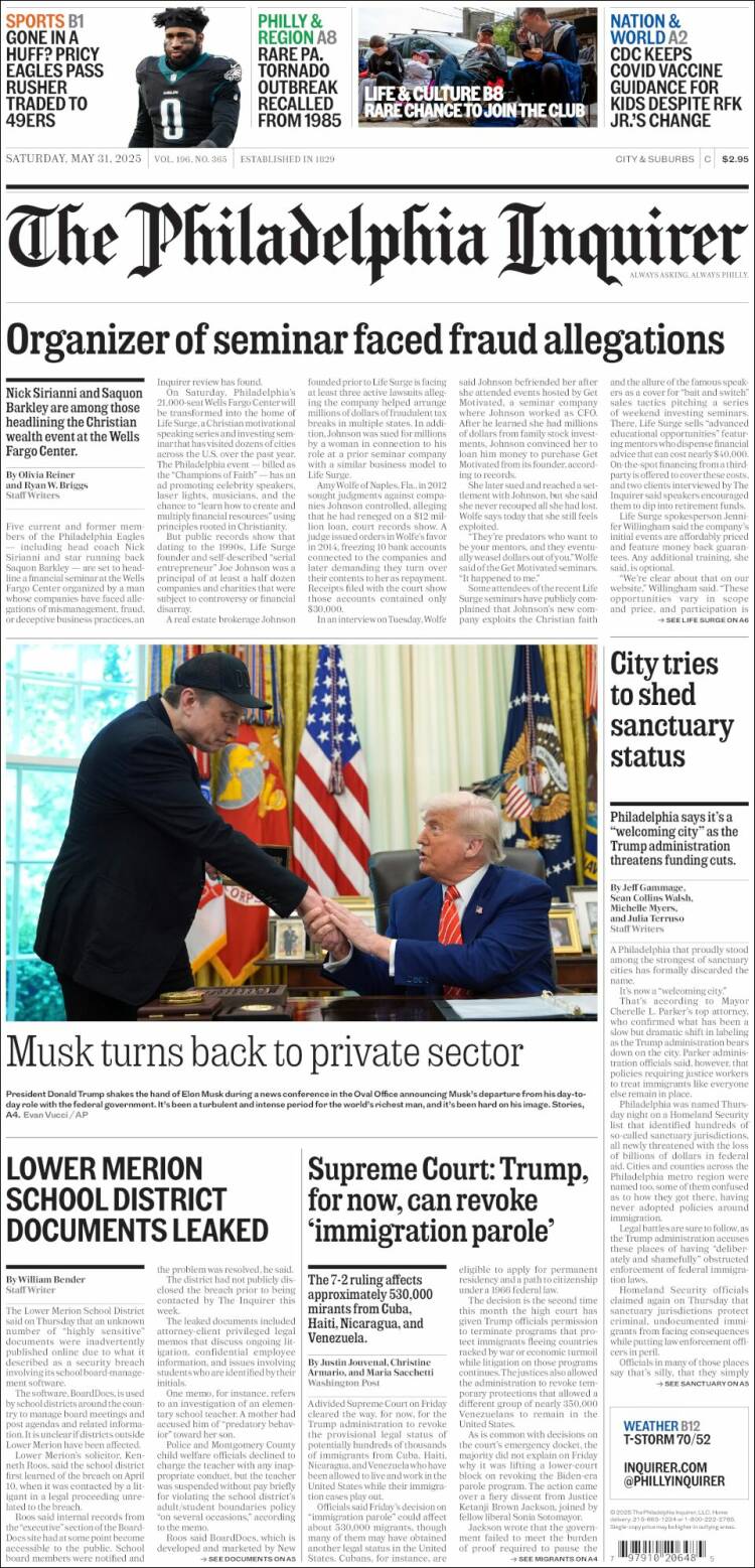 Portada de Philadelphia Inquirer (USA)