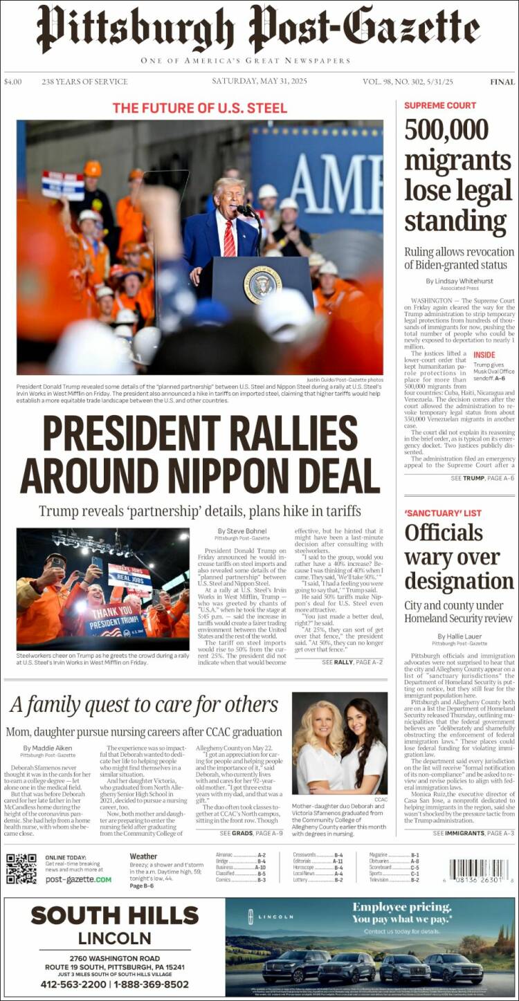 Portada de Pittsburgh Post-Gazette (USA)