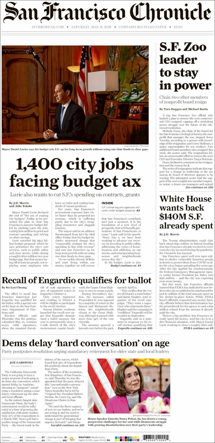 Portada de San Francisco Chronicle (USA)