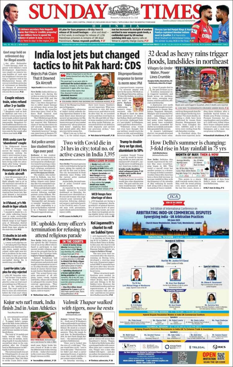 Portada de The Times of India (India)