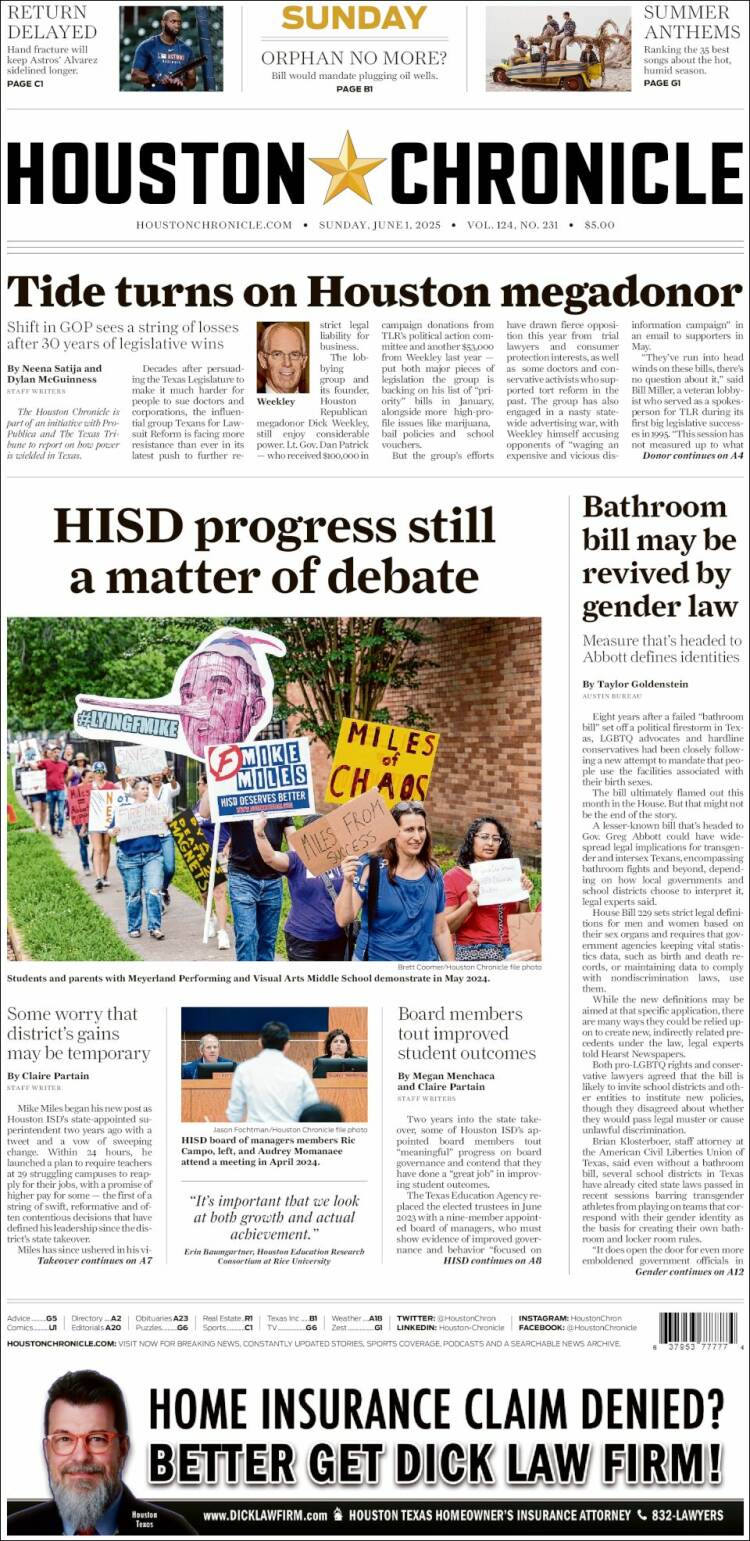 Portada de Houston Chronicle (USA)