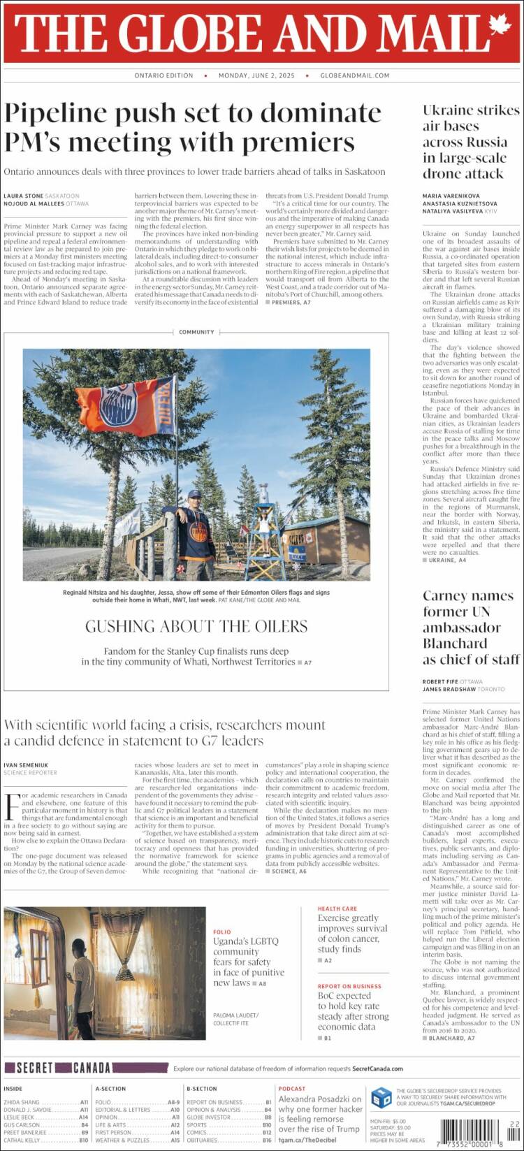Portada de The Globe and Mail (Canadá)