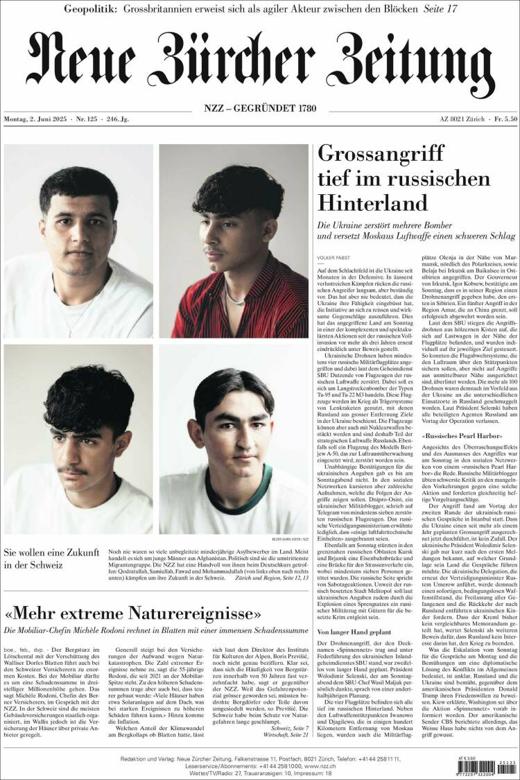 Portada de Neue Zürcher Zeitung (Suiza)