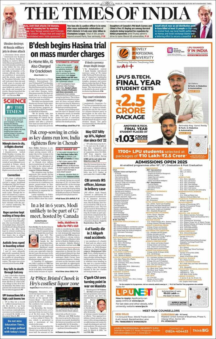 Portada de The Times of India (Inde)