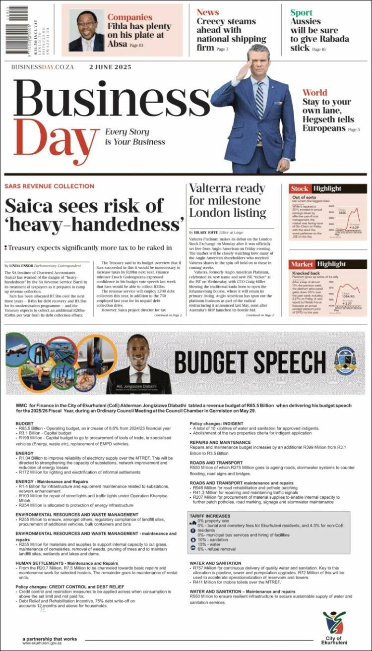 Portada de Business Day (Afrique du Sud)