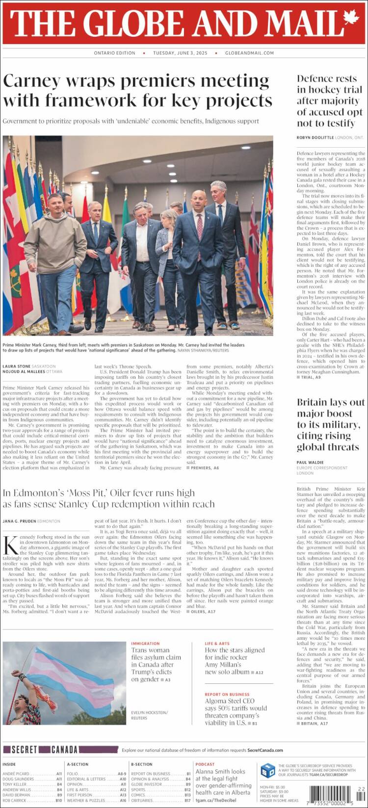 Portada de The Globe and Mail (Canadá)