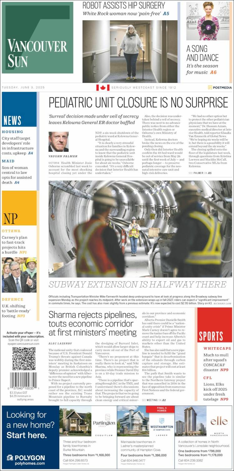 Portada de The Vancouver Sun (Canada)