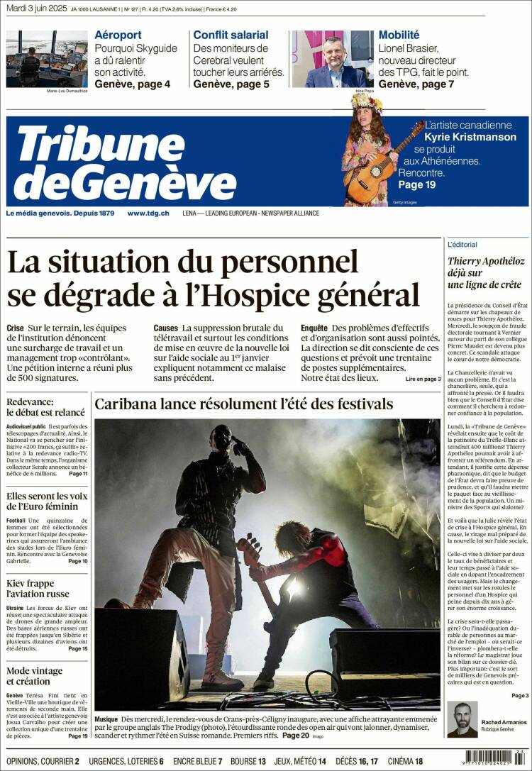 Portada de La Tribune de Genève (Suiza)
