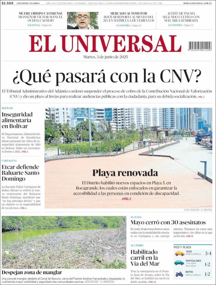 Portada de El Universal (Colombia)