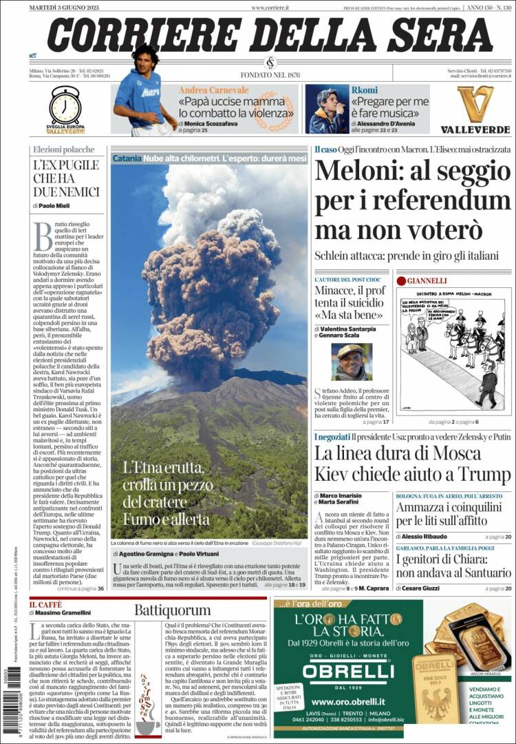 Portada de Corriere della Sera (Italie)