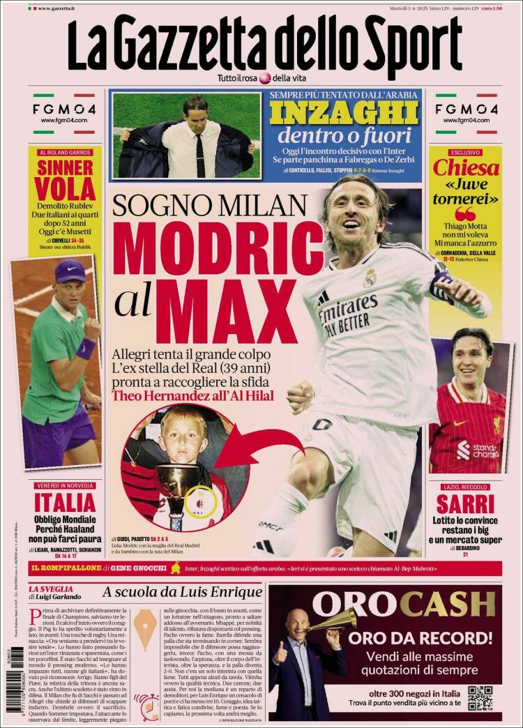 Portada de La Gazzetta dello Sport (Italie)