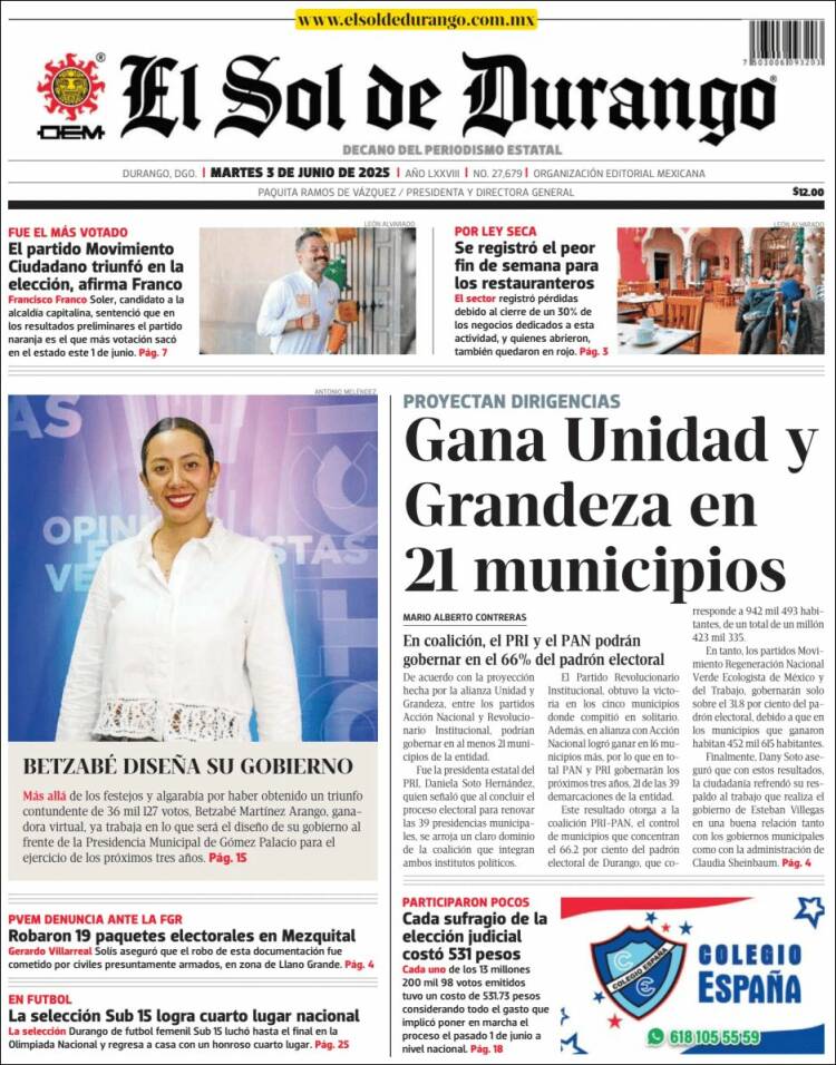 Portada de El Sol de Durango (México)