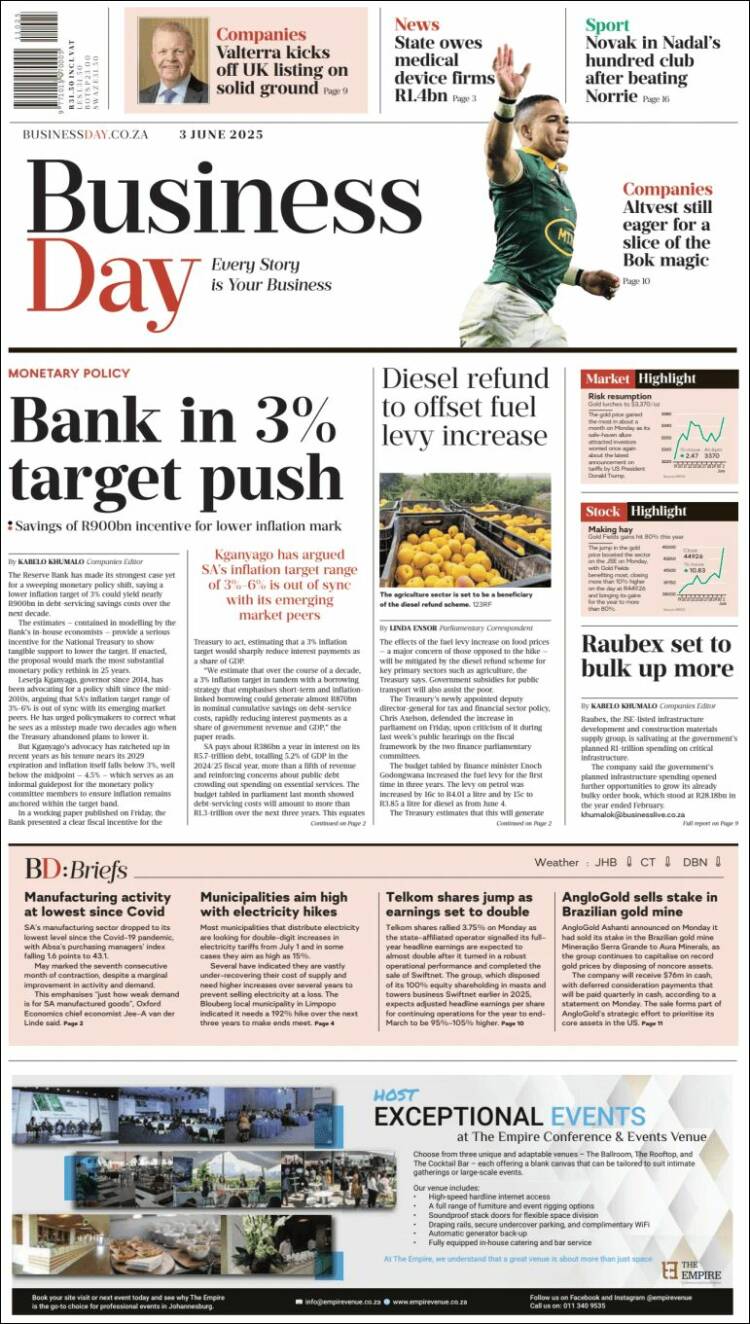 Portada de Business Day (Afrique du Sud)
