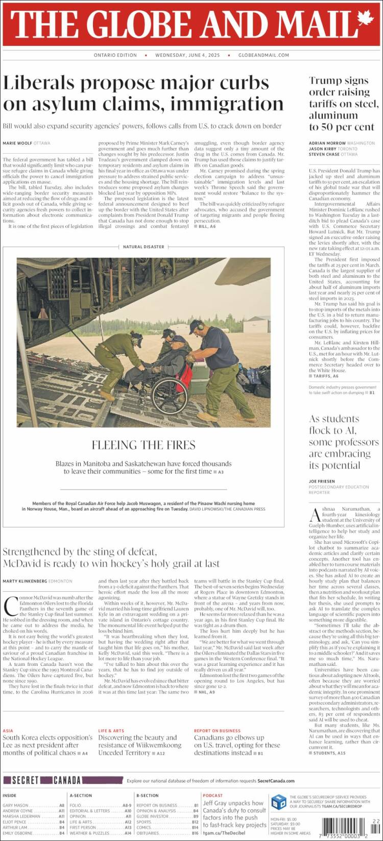 Portada de The Globe and Mail (Canada)