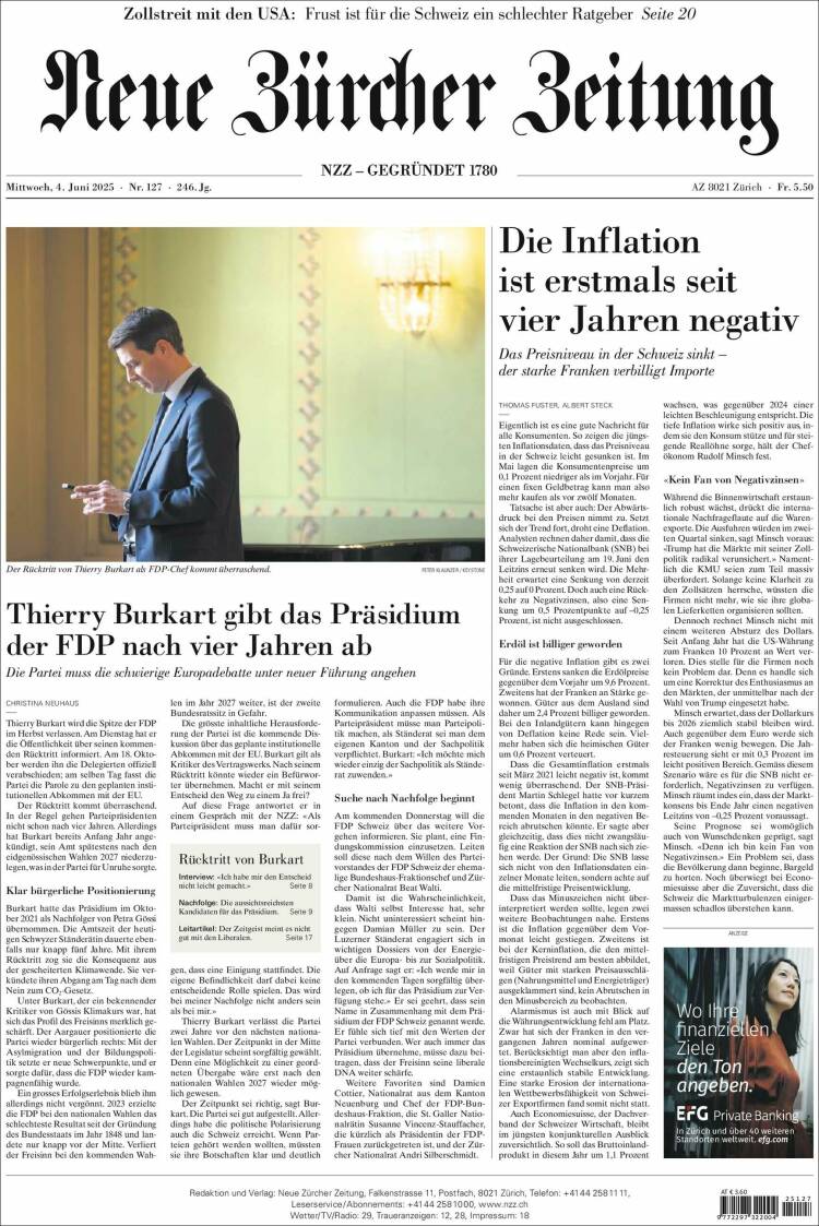 Portada de Neue Zürcher Zeitung (Suisse)