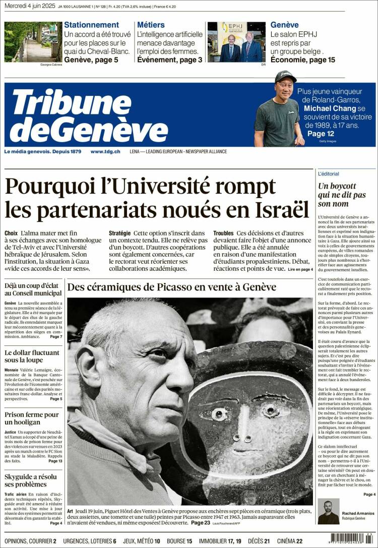 Portada de La Tribune de Genève (Suiza)