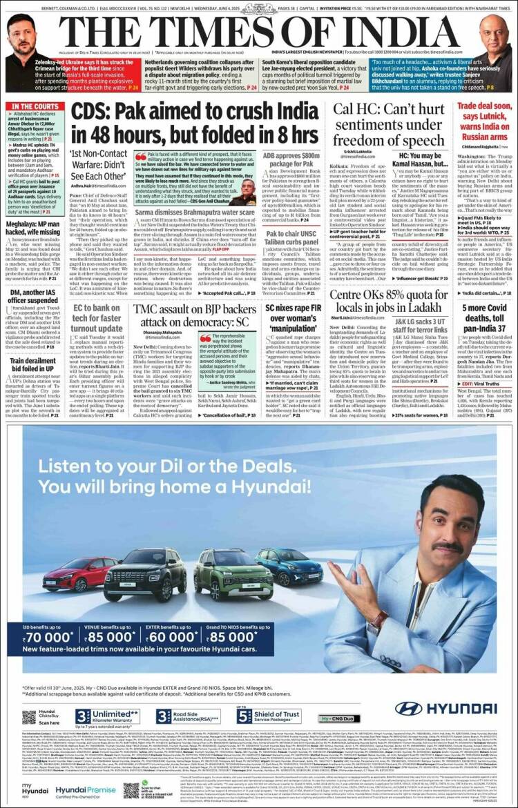 Portada de The Times of India (India)