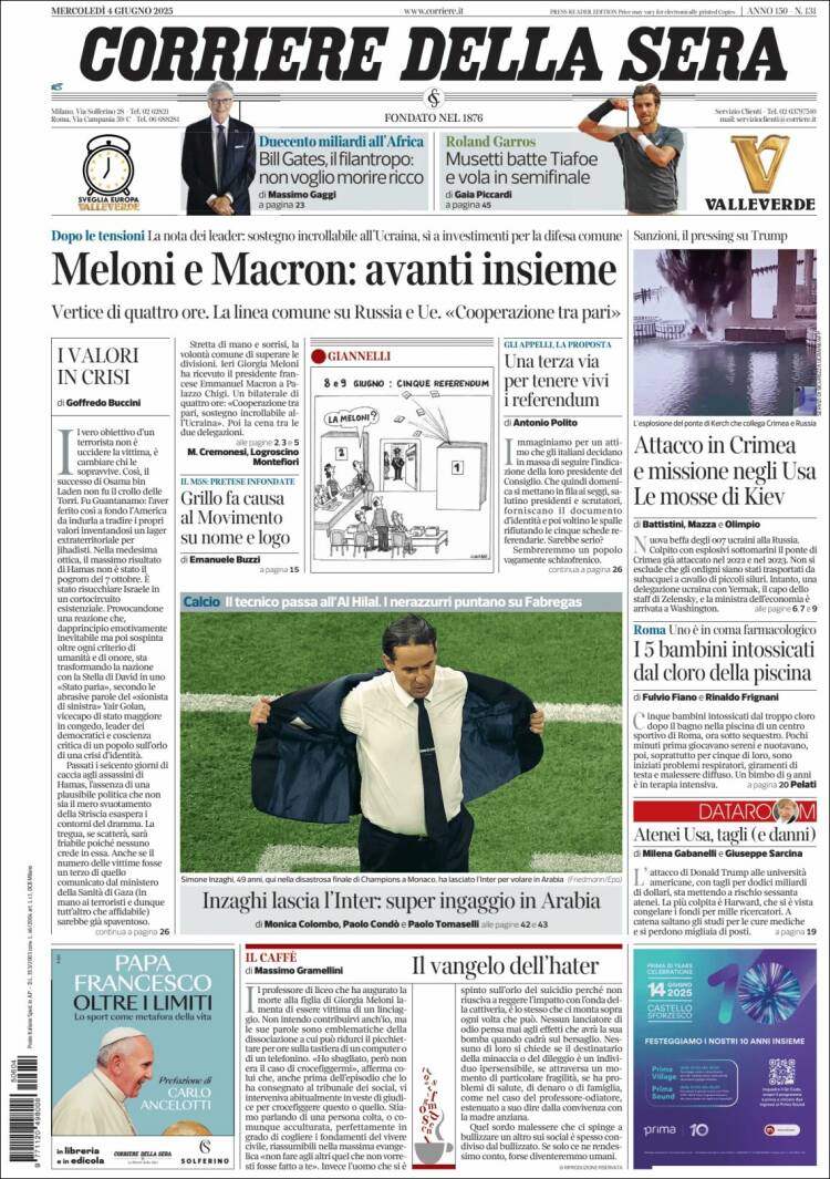 Portada de Corriere della Sera (Italia)