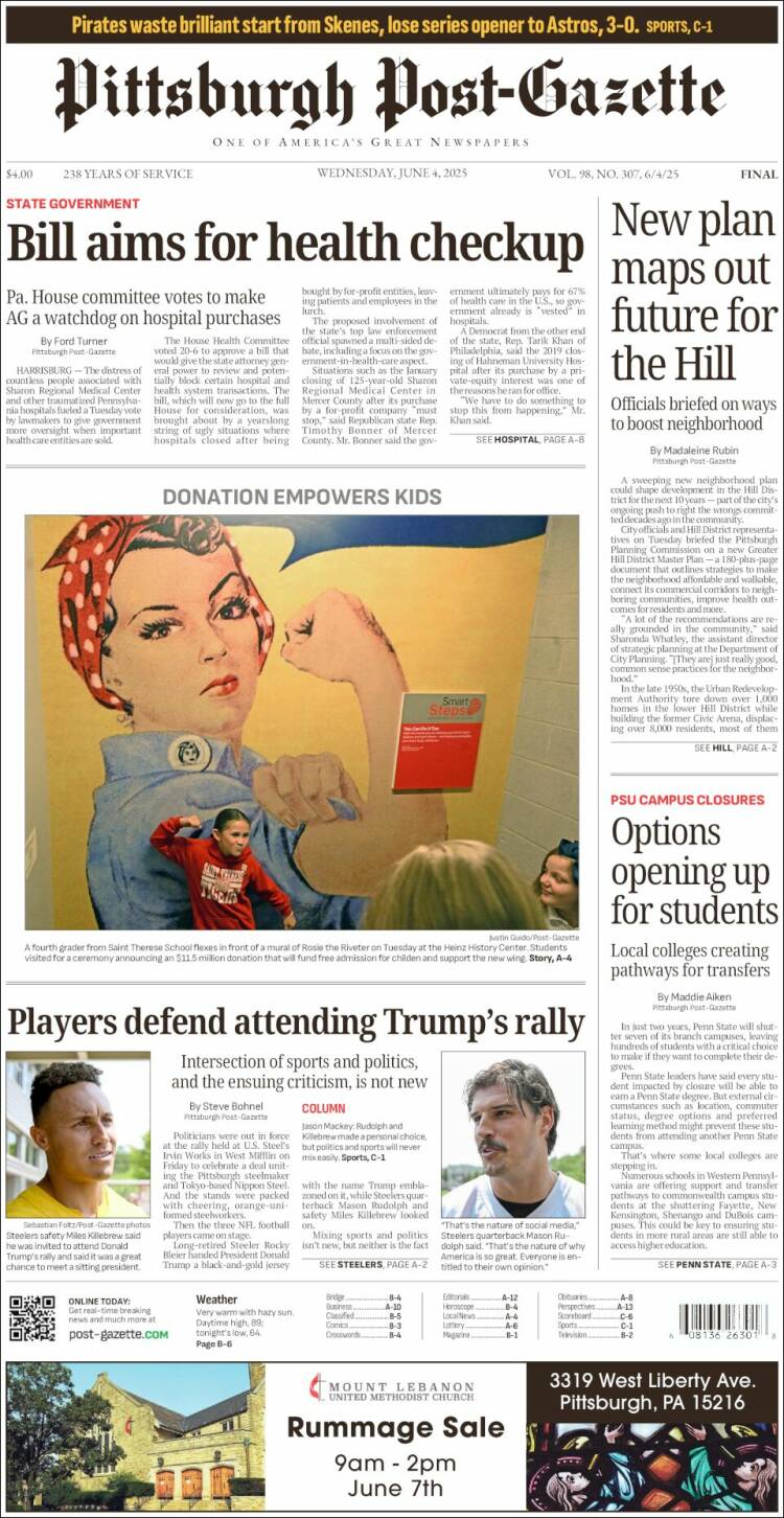 Portada de Pittsburgh Post-Gazette (États-Unis)