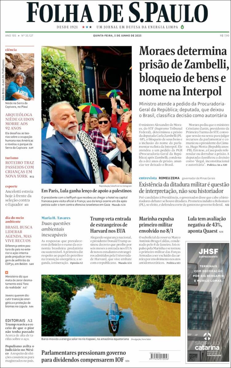 Portada de Folha de São Paulo (Brésil)